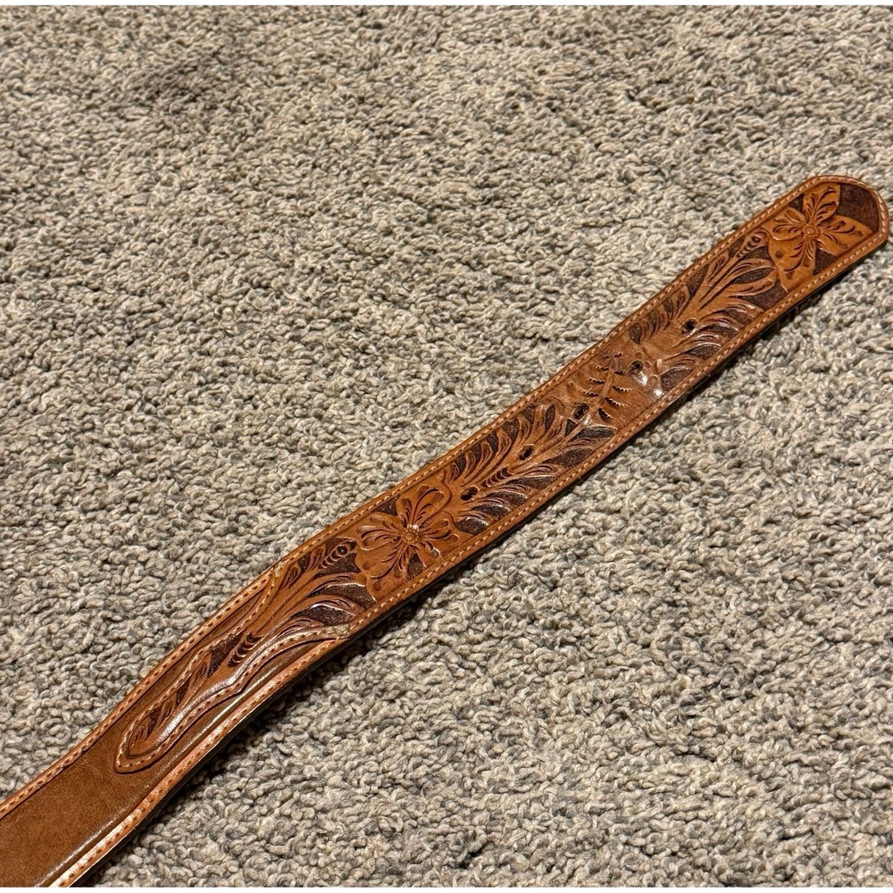 Vintage Tony Lama Gene Leather Belt 36 Tooled Floral Western Cowboy Silver - Picture 5 of 10